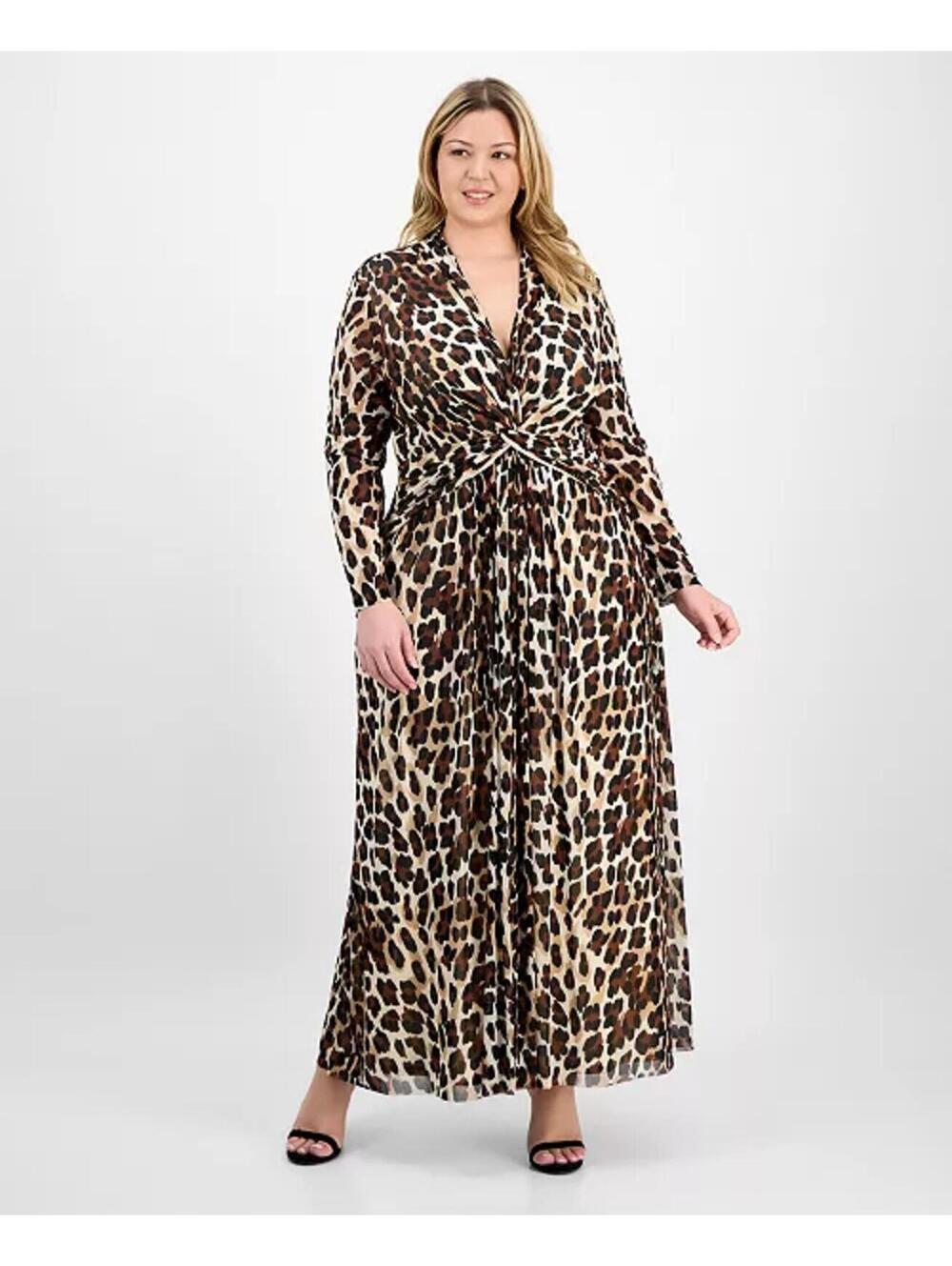 Anne Klein Plus Size Printed Mesh Long-Sleeve Maxi Dres